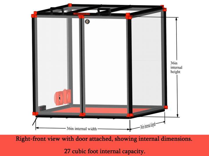 Right-front view with door attached, showing internal dimensions. 27 cubic foot internal capacity.