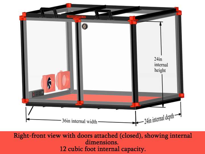 Right-front view with doors attached (closed), showing internal dimensions.  12 cubic foot internal capacity.