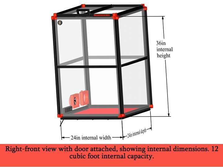 Right-front view with door attached, showing internal dimensions. 12 cubic foot internal capacity.